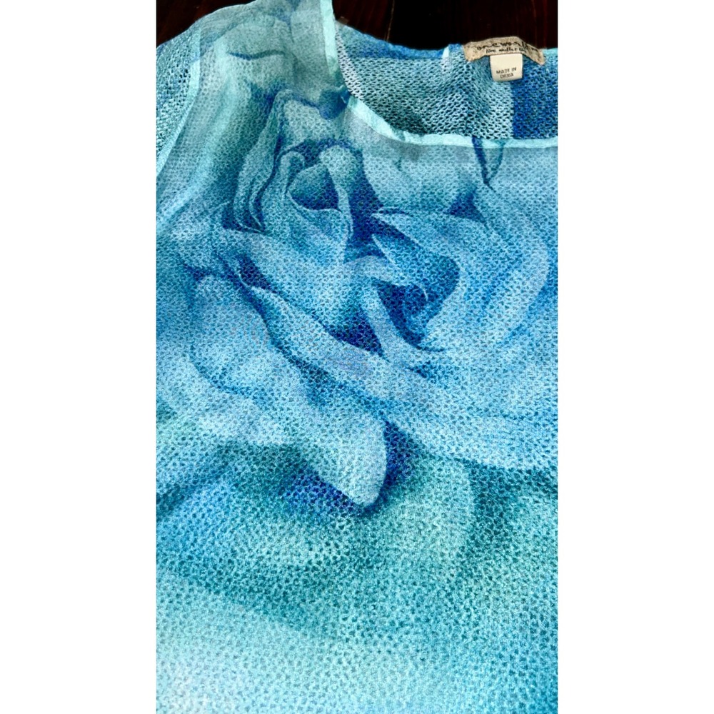 One World Live and Let Live Blue Teal Floral Rose Mesh Knit Top Womens Medium - Picture 3 of 5